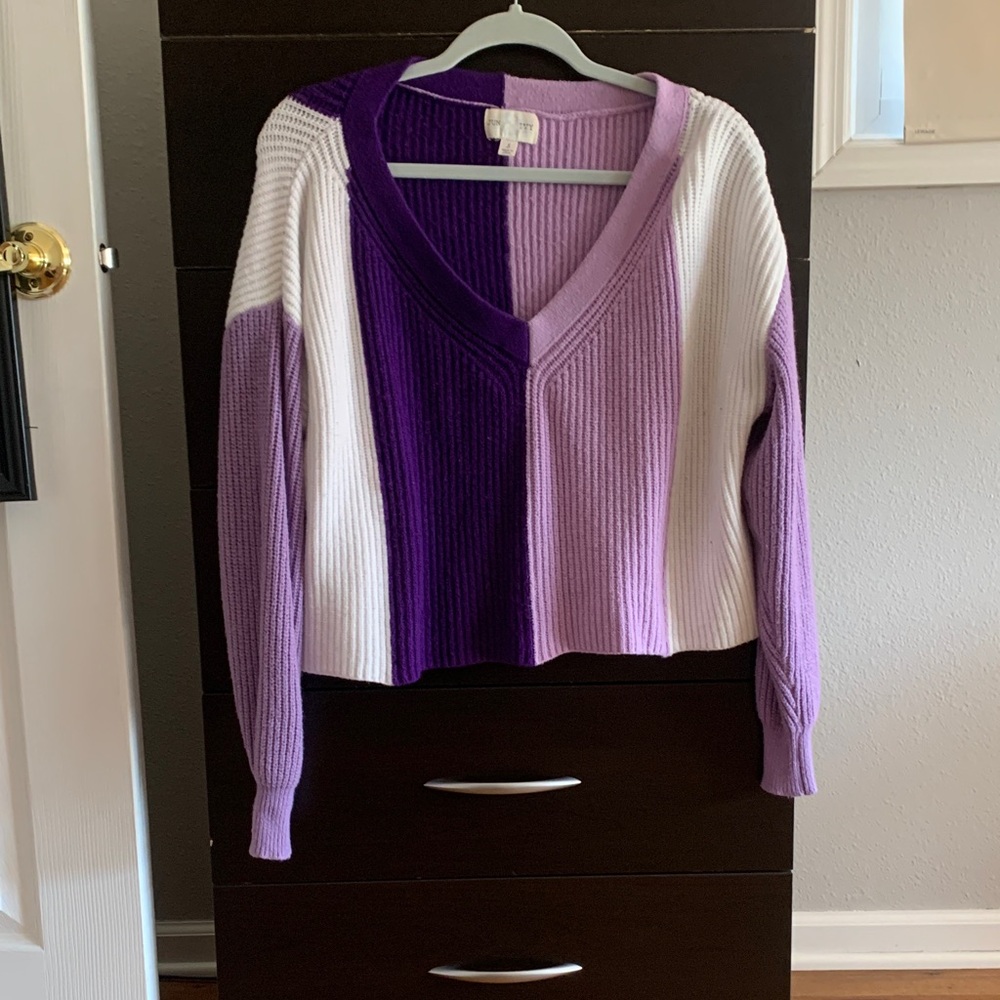 Elegant V-Neck Sweater in Purple and White